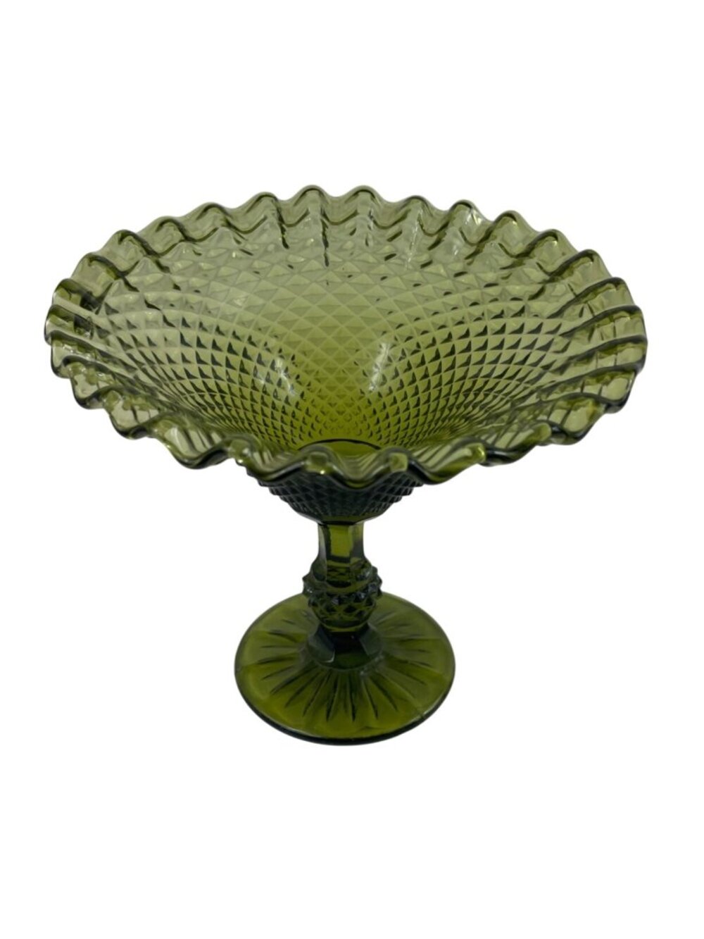 Vintage Green Glass Compote With Diamond Pattern & Ruffled Edge Pedestal Bowl - Picture 2 of 11